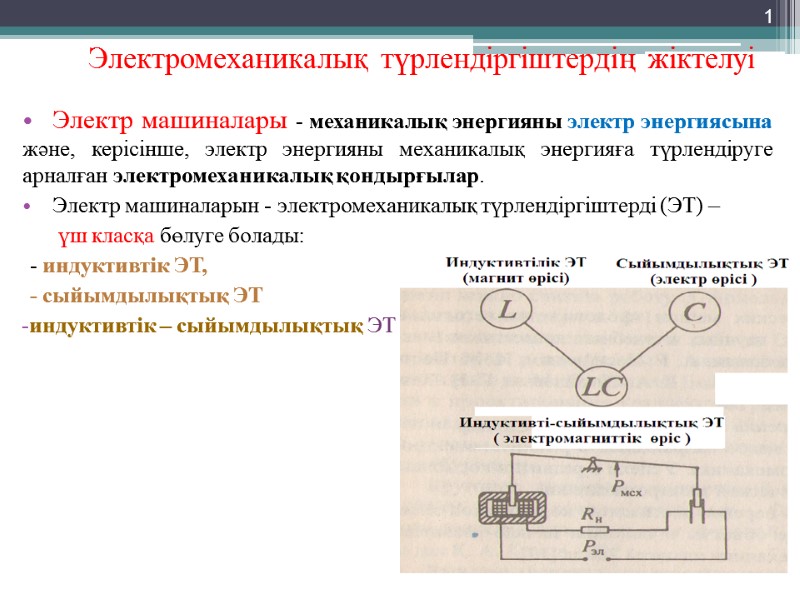 Электромеханикалық түрлендіргіштердің жіктелуі  Электр машиналары - механикалық энергияны электр энергиясына және, керісінше, электр